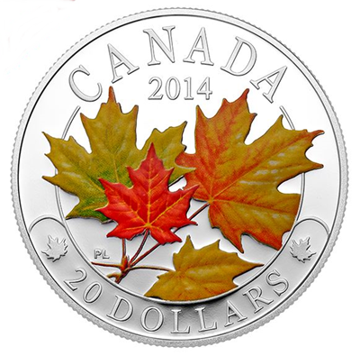 2014 1oz Silver Proof Coin - Majestic Maple Leaves COLOUR